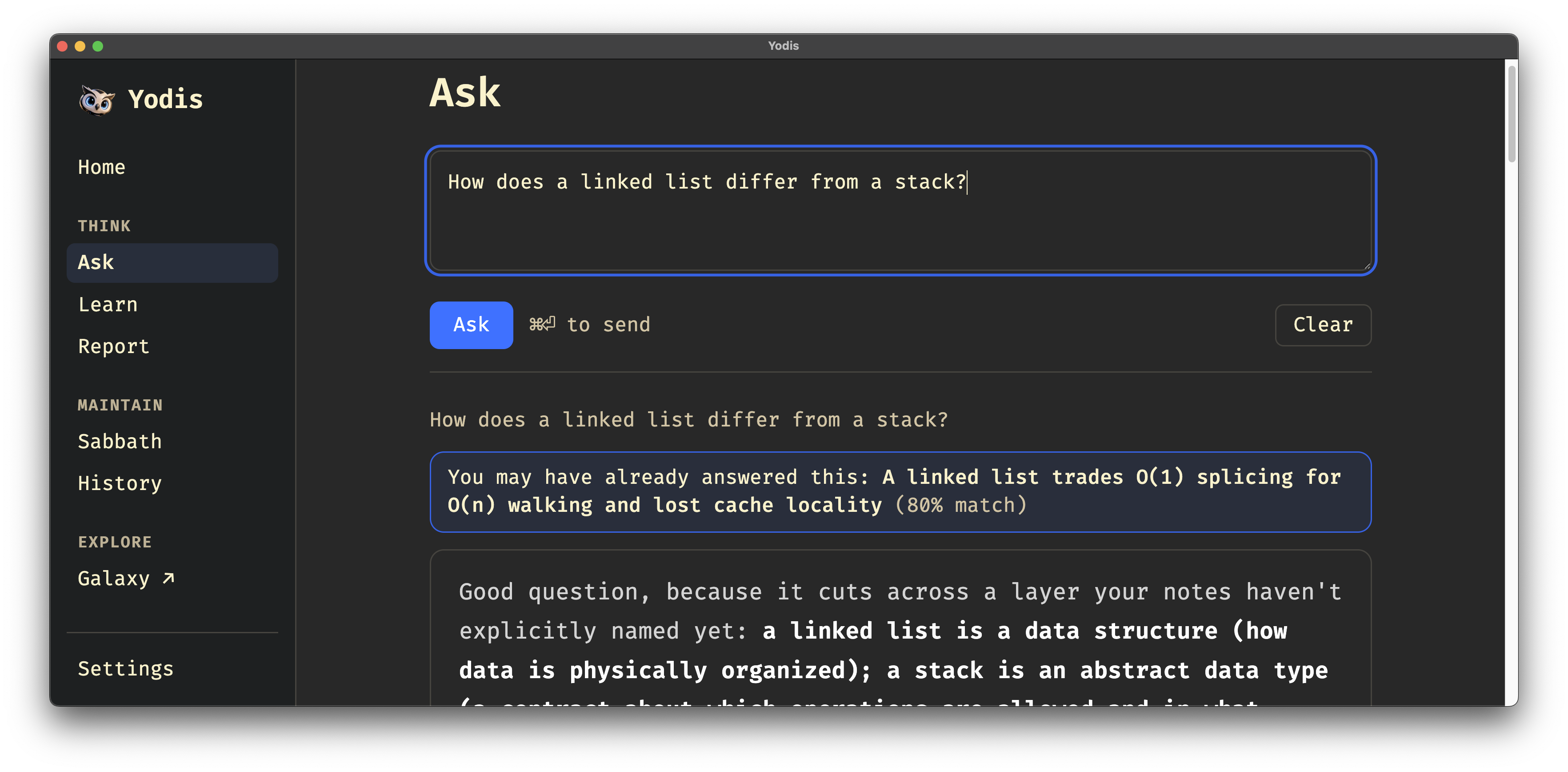 The Yodis Ask screen