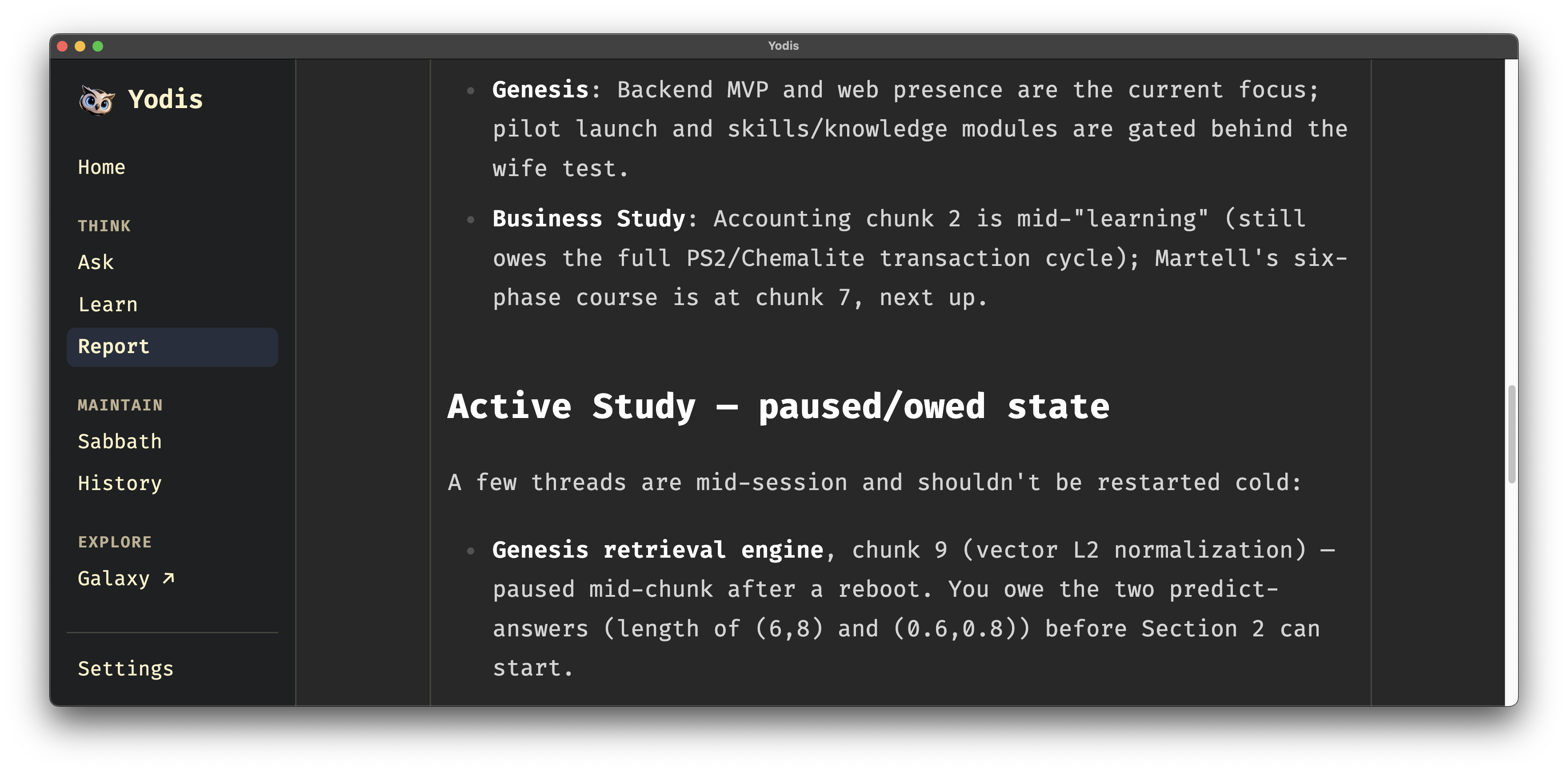 The Yodis Report screen